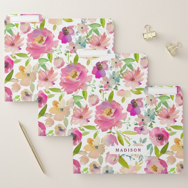 Blooming Chic Mint & Blush Pink Floral Monogram File Folder (Set)
