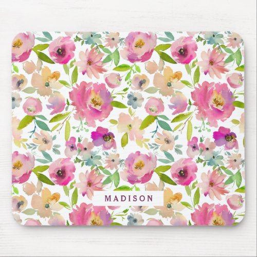 Blooming Chic Mint  Blush Pink Floral Monogram Mouse Pad
