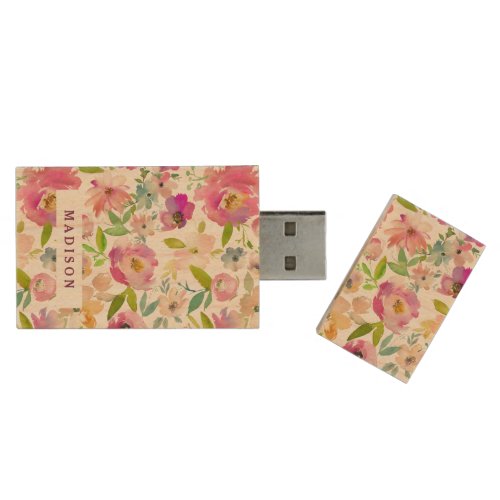 Blooming Chic Mint  Blush Pink Floral Monogram Wood Flash Drive