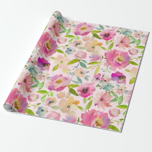 Blooming Chic Mint  Blush Pink Floral Wedding Wrapping Paper