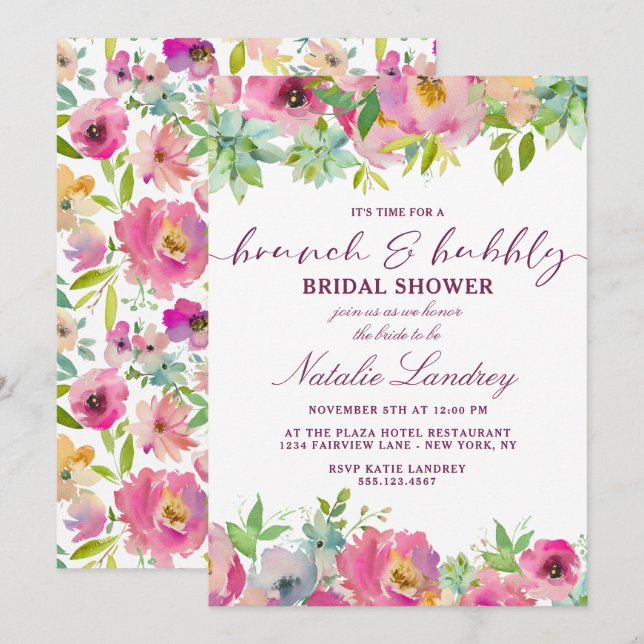 Blooming Chic Pink Brunch & Bubbly Bridal Shower Invitation (Front/Back)