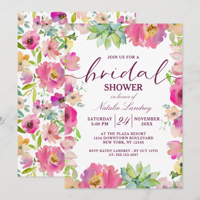 Blooming Chic Pink Floral Wedding Bridal Shower Invitation (Front/Back)