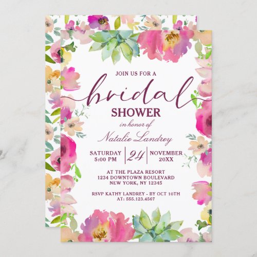 Blooming Chic Pink Floral Wedding Bridal Shower Invitation