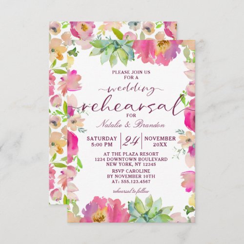 Blooming Chic Pink Floral Wedding Rehearsal Dinner Invitation