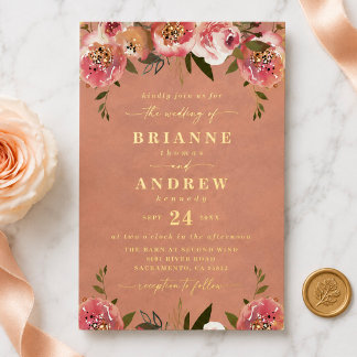 Blooming Chic Rustic Peach Photo Wedding Gold Foil Invitation