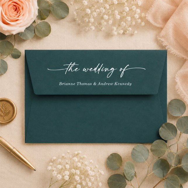 Blooming Chic Teal Green 5x7 Wedding Invitation Envelope (Beautiful dark teal wedding envelopes with pink floral inside)