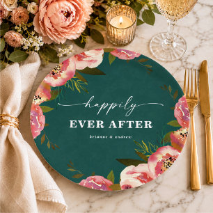 Blooming Chic Teal Green Floral Wedding Reception Paper Plates