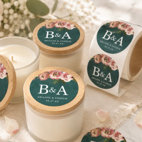 Blooming Chic Teal Green Monogram Wedding Stickers