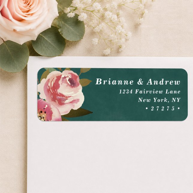 Blooming Chic Teal Green Wedding Return Address Label (Elegant dark teal and pink floral return address labels)