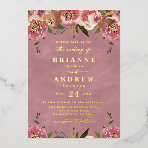 Blooming Chic Wild Rose Pink Photo Wedding Gold Foil Invitation