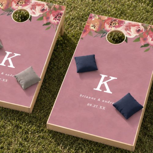 Blooming Chic Wild Rose Pink Wedding Monogram Cornhole Set