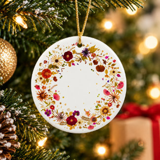 Blooming Colorful Pressed Flower Circle Christmas Ceramic Ornament