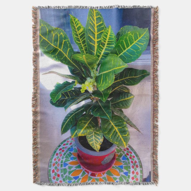 Blooming Croton on Mosaic Table Throw Blanket (Front Vertical)
