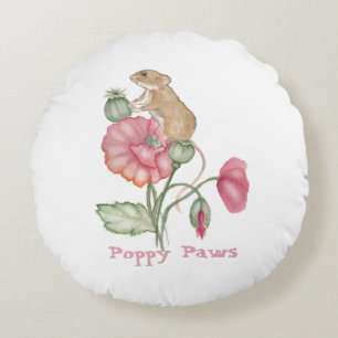 Blooming Cute Mouse on Poppy Round Pillow
