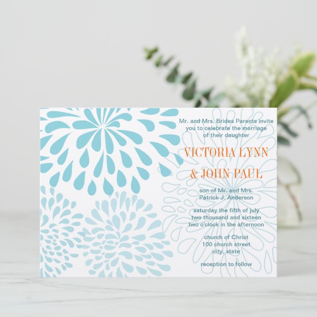 Blooming Dahlia Coral Blue Floral Wedding Invite (Standing Front)