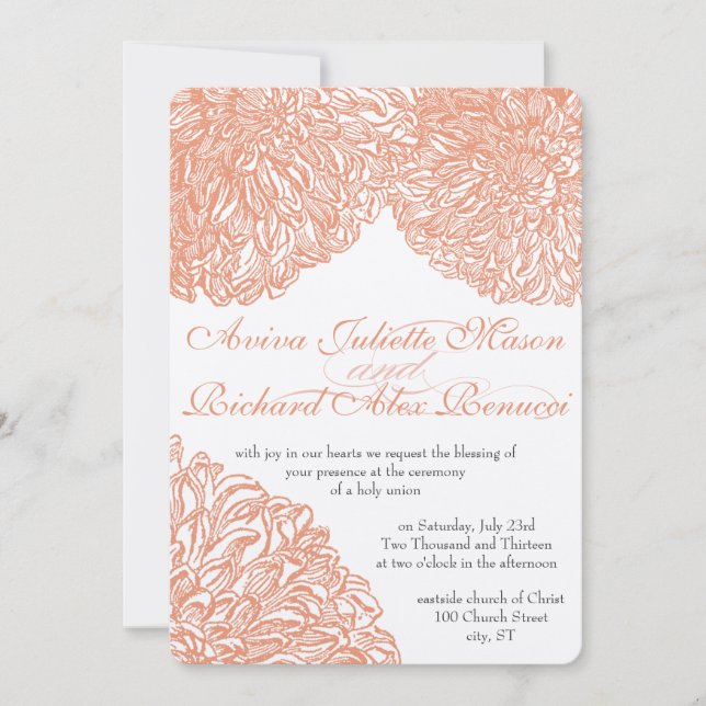 Blooming Dahlia Peach Coral Wedding Invitation (Front)