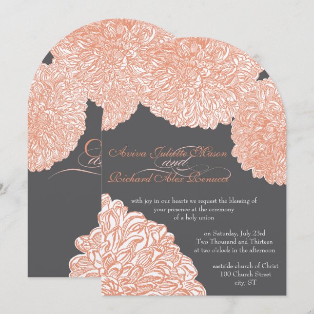 Blooming Dahlia Peach Coral Wedding Invitation (Front/Back)
