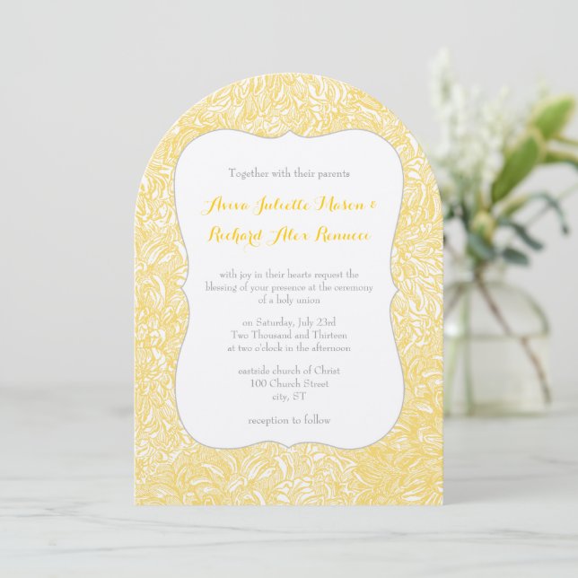 Blooming Dahlia Yellow Iris Wedding Invitation (Standing Front)