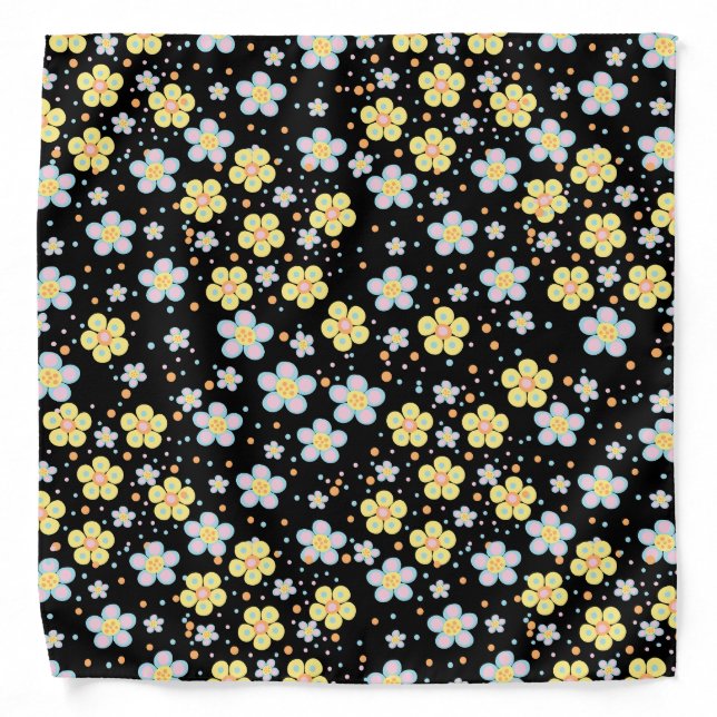 Blooming Daisies. Yellow and Pink Black BG Bandana (Front)