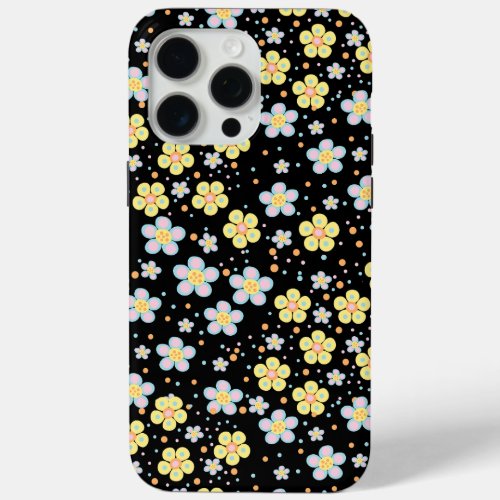 Blooming Daisies Yellow and Pink Black BG iPhone 15 Pro Max Case