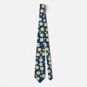 Blooming Daisies. Yellow and Pink D Blue BG Neck Tie