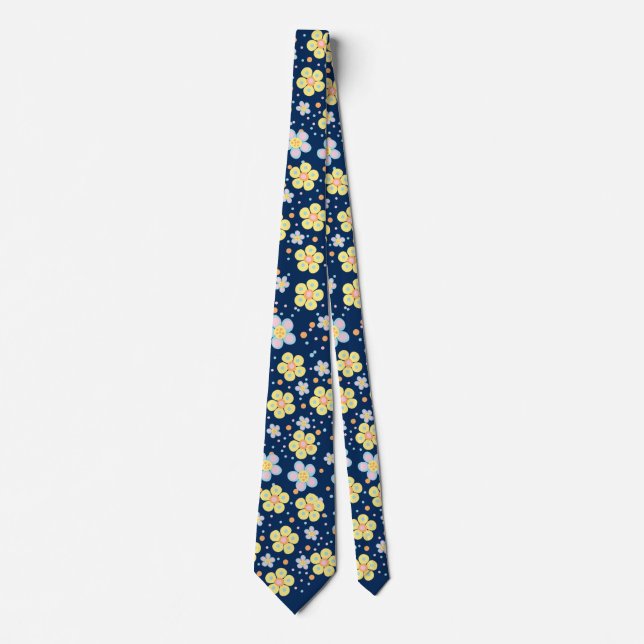 Blooming Daisies. Yellow and Pink D Blue BG Neck Tie (Front)