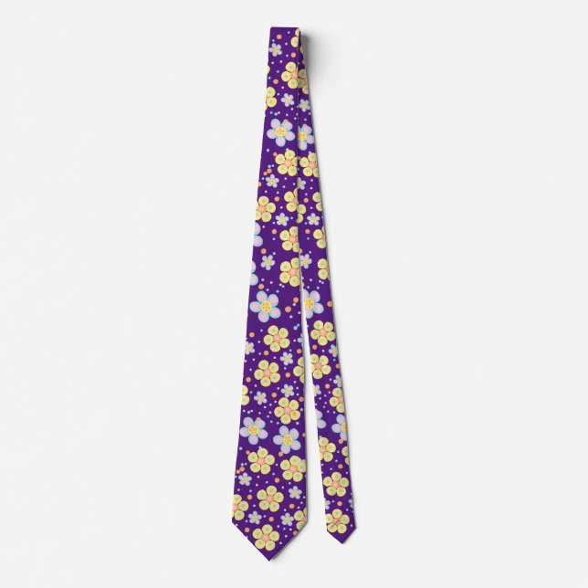 Blooming Daisies. Yellow and Pink Purple BG Neck Tie (Front)
