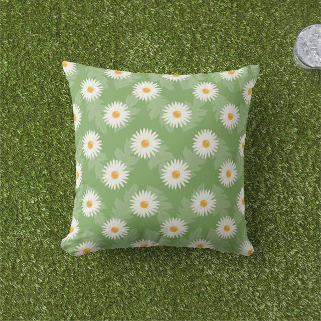 Blooming Daisy Flowers Pattern On Green Throw Pillow (Grass)
