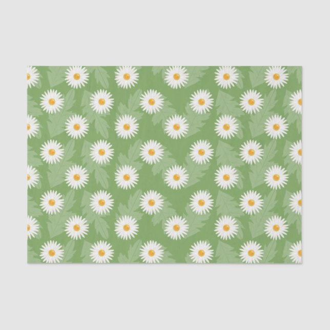 Blooming Daisy Flowers Pattern On Green Tissue Paper (Front)