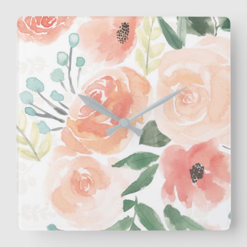 Blooming Delight  Pastel Peach Square Wall Clock