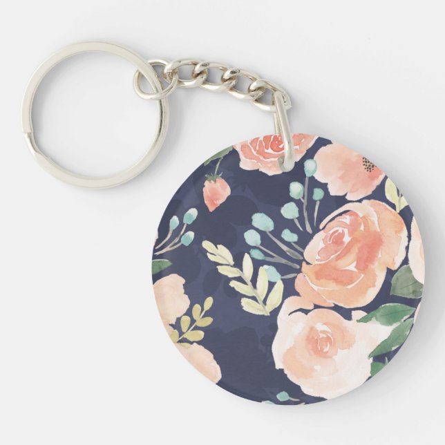 Blooming Delight | Peach & Blue Roses & Poppies Keychain (Front)