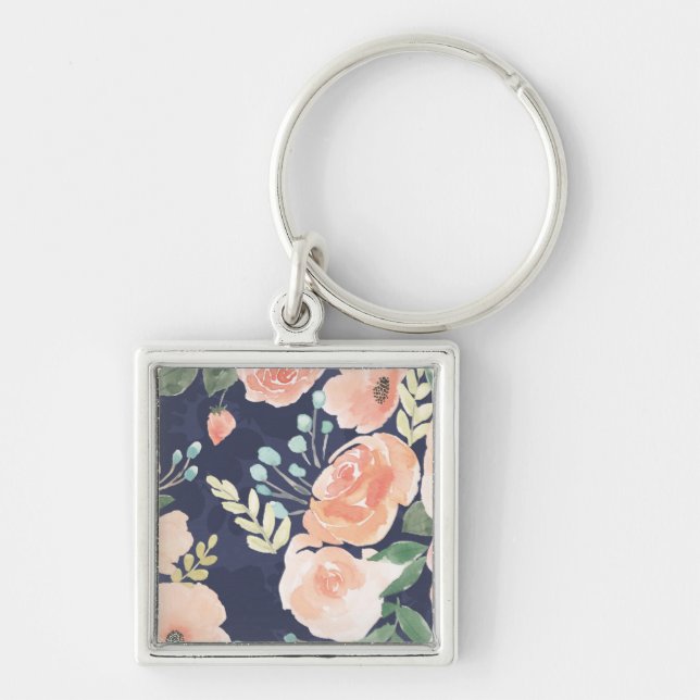 Blooming Delight | Peach & Blue Roses & Poppies Keychain (Front)