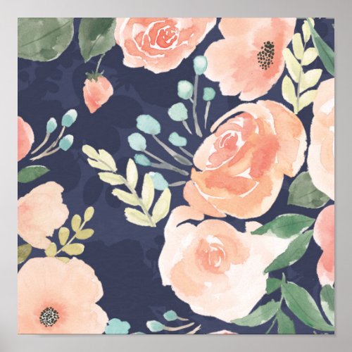 Blooming Delight  Peach  Blue Roses  Poppies Poster