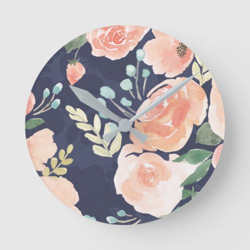 Blooming Delight  Peach  Blue Roses  Poppies Round Clock