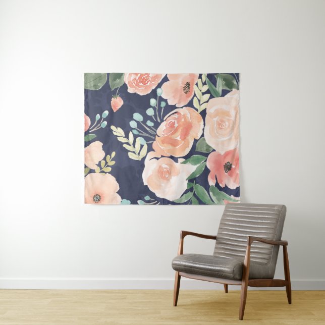 Blooming Delight | Peach & Blue Roses & Poppies Tapestry (In Situ (Horizontal))