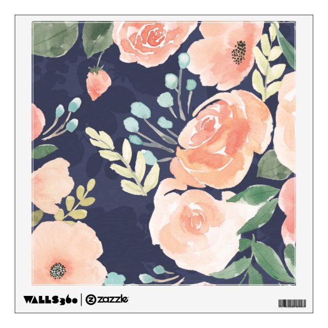 Blooming Delight | Peach & Blue Roses & Poppies Wall Decal (Front)