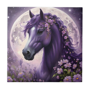 "Blooming Dreams: The Purple Floral Fantasy Horse" Ceramic Tile