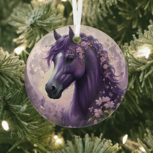 "Blooming Dreams: The Purple Floral Fantasy Horse" Glass Ornament