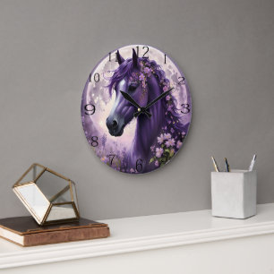 "Blooming Dreams: The Purple Floral Fantasy Horse" Large Clock