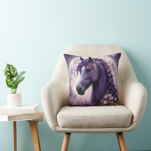 "Blooming Dreams: The Purple Floral Fantasy Horse" Throw Pillow