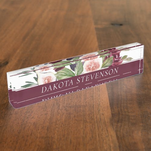 Blooming Figs  Elegant Watercolor Floral and Name Desk Name Plate