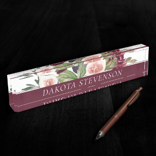 Blooming Figs Elegant Watercolor Floral and Name Desk Name Plate