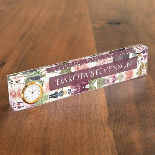 Blooming Figs  Elegant Watercolor Floral and Name Desk Name Plate