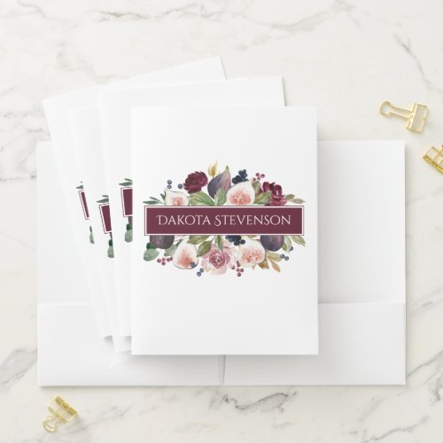 Blooming Figs  Elegant Watercolor Floral and Name Pocket Folder