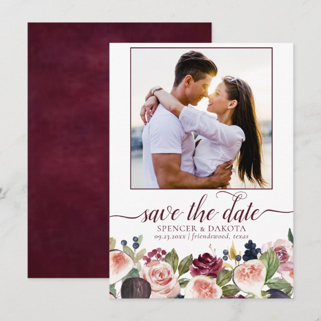 Blooming Figs | Moody Rustic Elegant Floral Photo Save The Date (Front/Back)