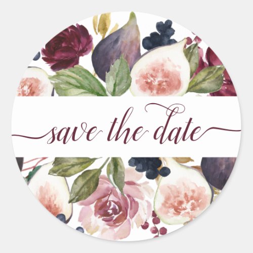 Blooming Figs  Moody Rustic Garland Save the Date Classic Round Sticker