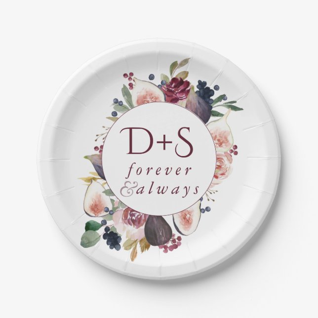 Blooming Figs | Moody Rustic Monogram Wreath Paper Plates (Front)