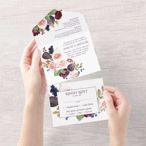 Blooming Figs  Rustic Fruit Blossoms Meal Choice All In One Invitation