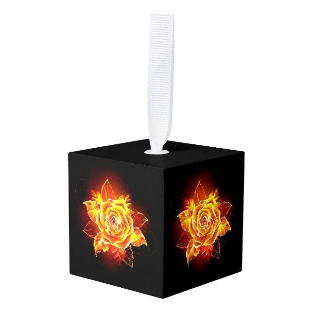 Blooming Fire Rose Cube Ornament (Front Angled)