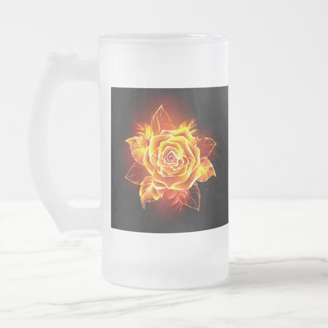 Blooming Fire Rose Frosted Glass Beer Mug (Left)